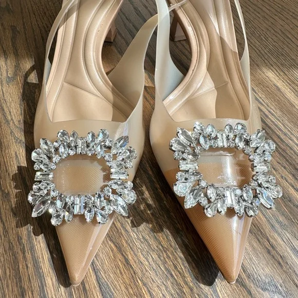 Zara Nude Pointed-Toe Slingback Flats with Crystal Buckle - Picture 2 of 7